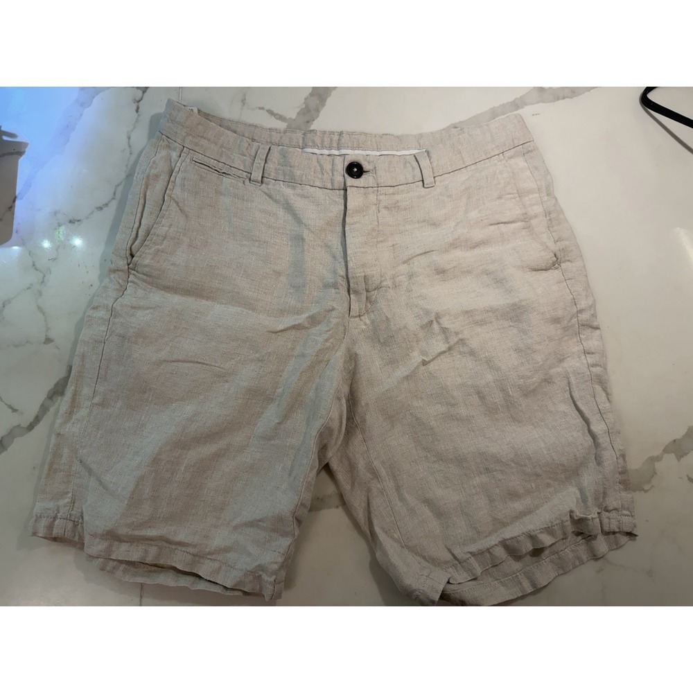Mango MNG 100% Linen 9 Inch Bermuda Shorts Men Sz 31 Natural Tan Chino Coastal